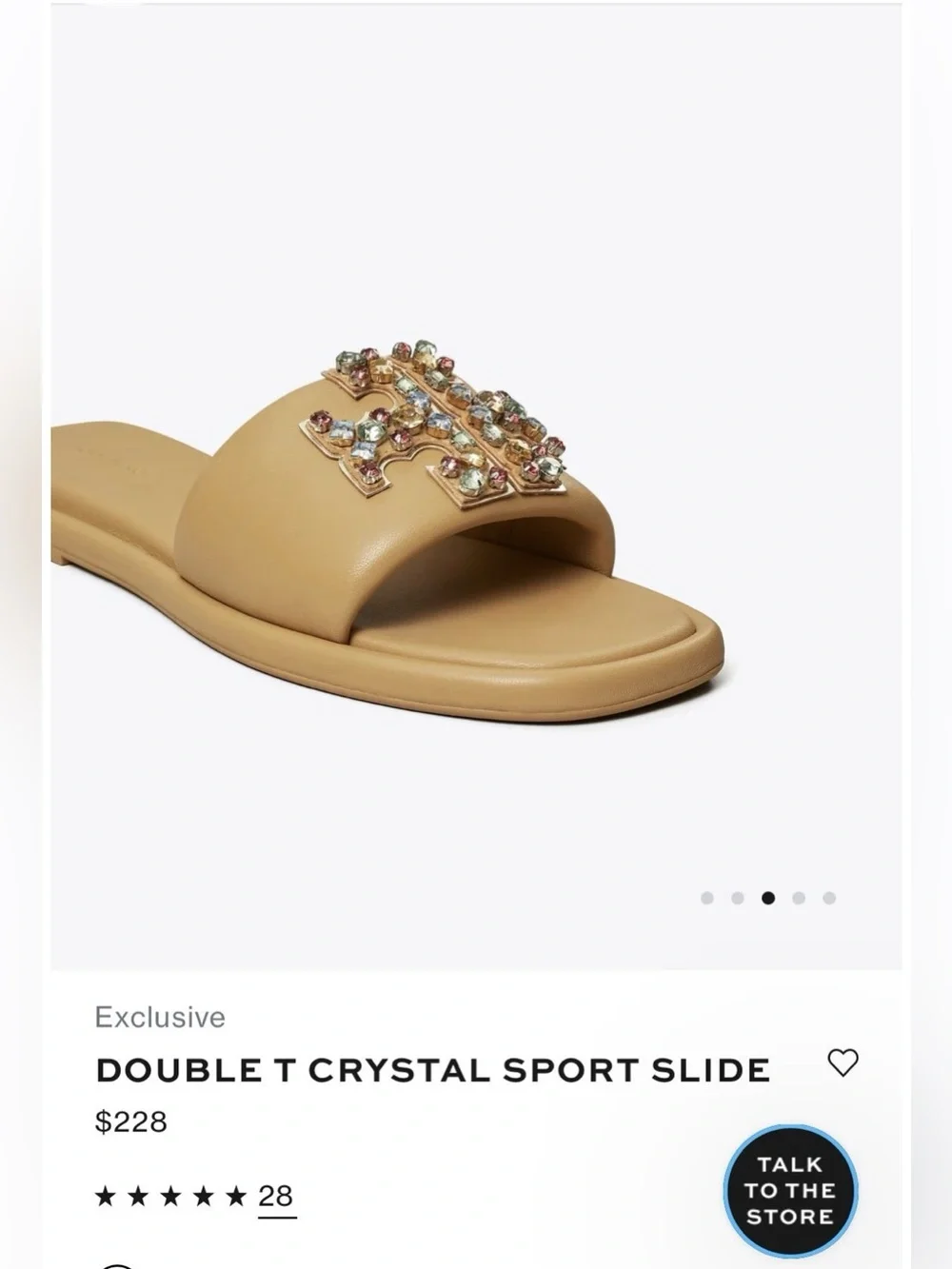 Tory Burch Ginger Shortbread Tan Crystal Double T Leather Sport Slide Sandals